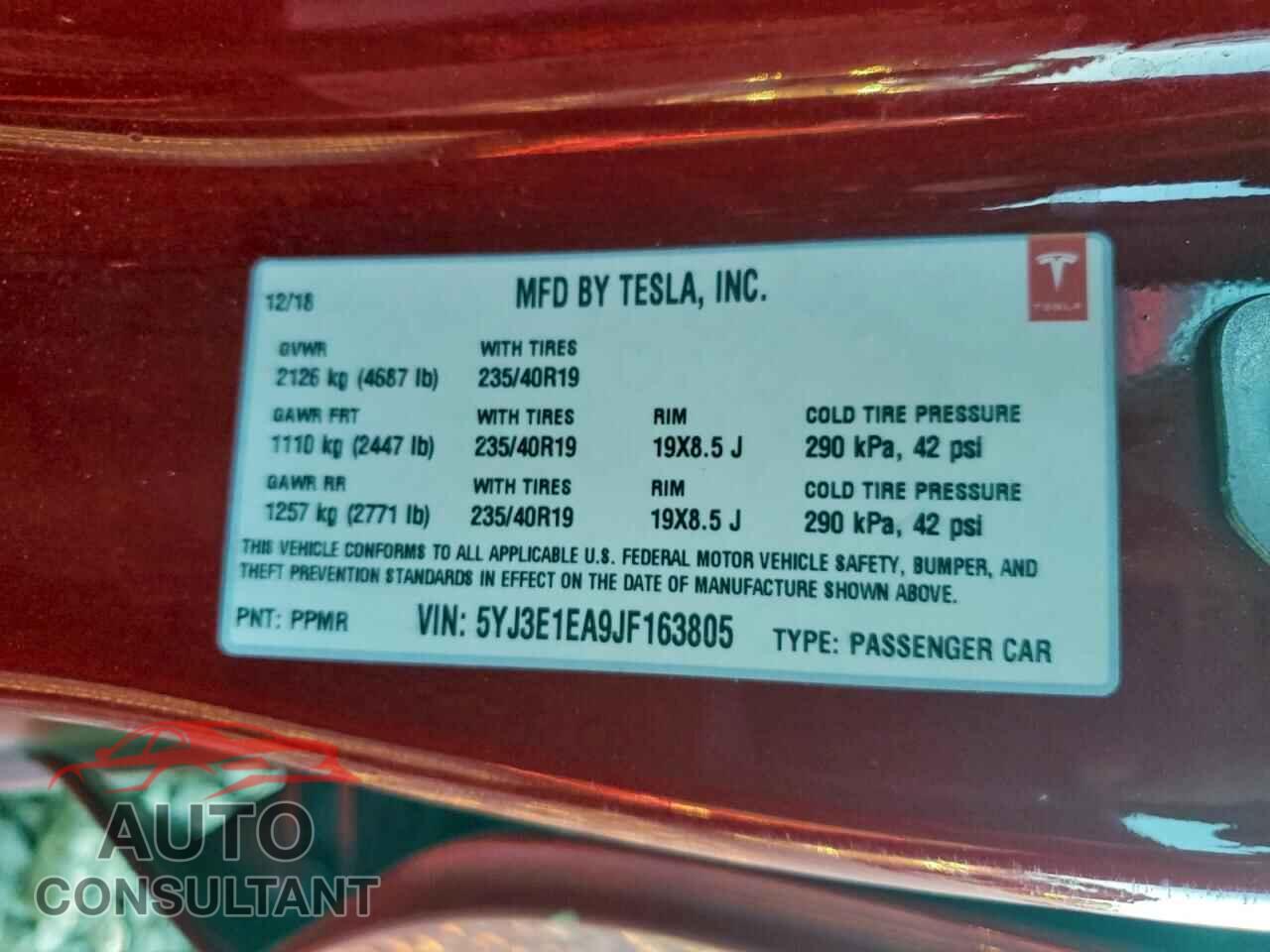 TESLA MODEL 3 2018 - 5YJ3E1EA9JF163805