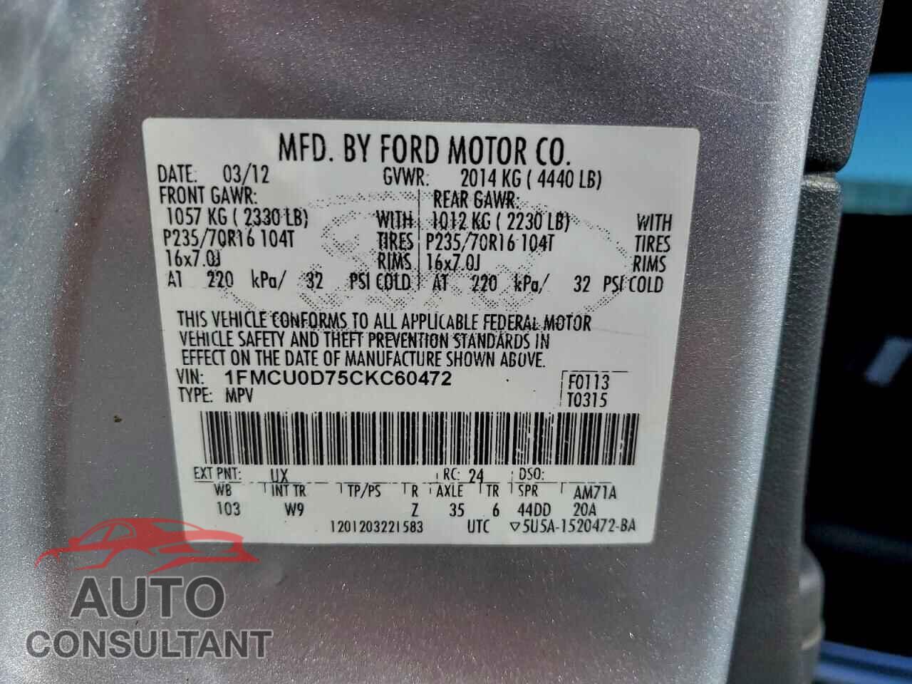 FORD ESCAPE 2012 - 1FMCU0D75CKC60472