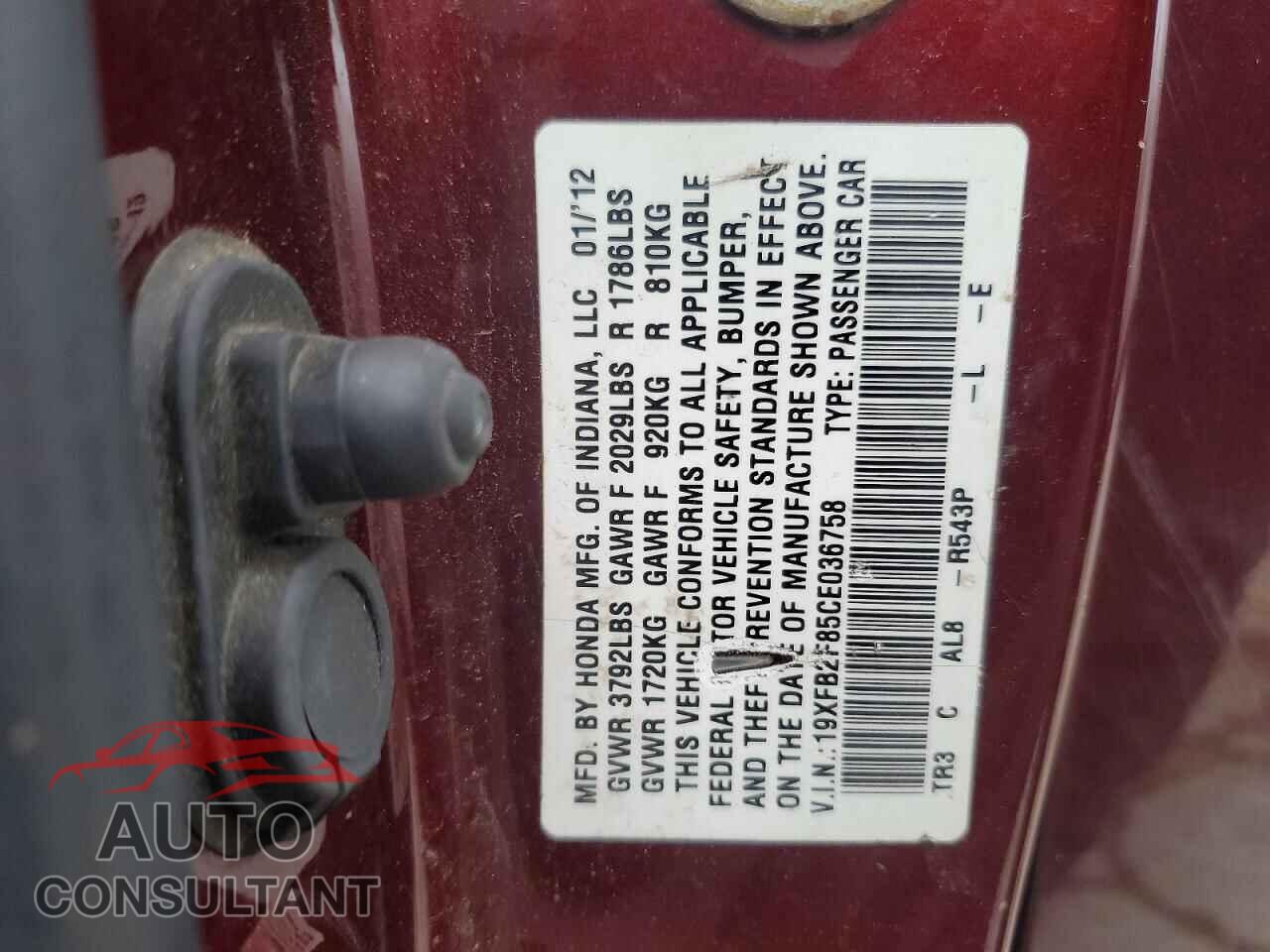 HONDA CIVIC 2012 - 19XFB2F85CE036758