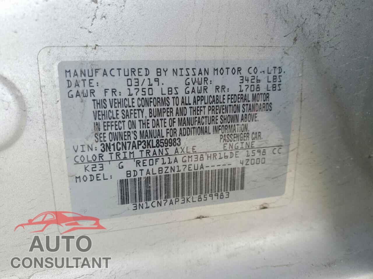 NISSAN VERSA 2019 - 3N1CN7AP3KL859983