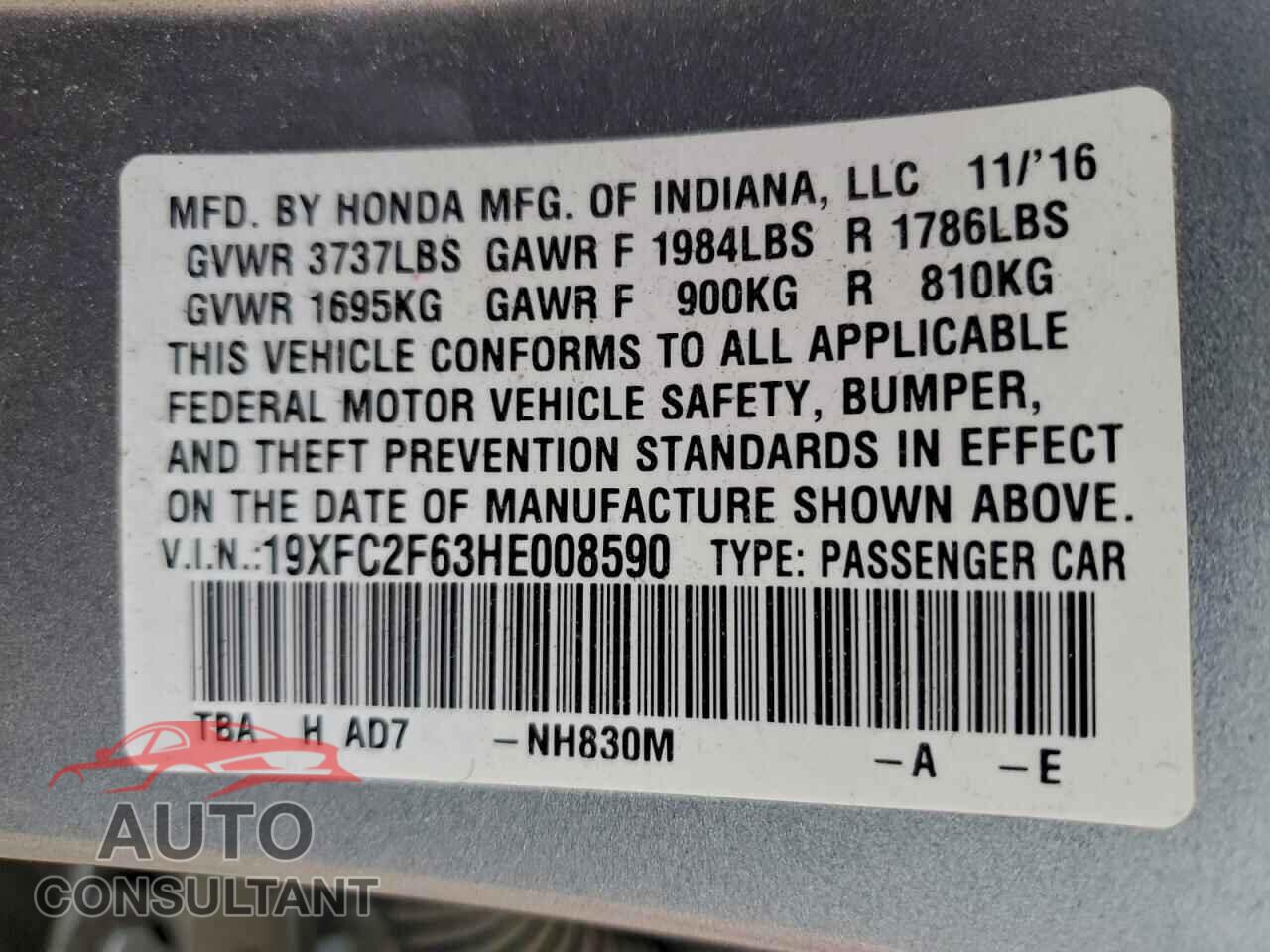 HONDA CIVIC 2017 - 19XFC2F63HE008590