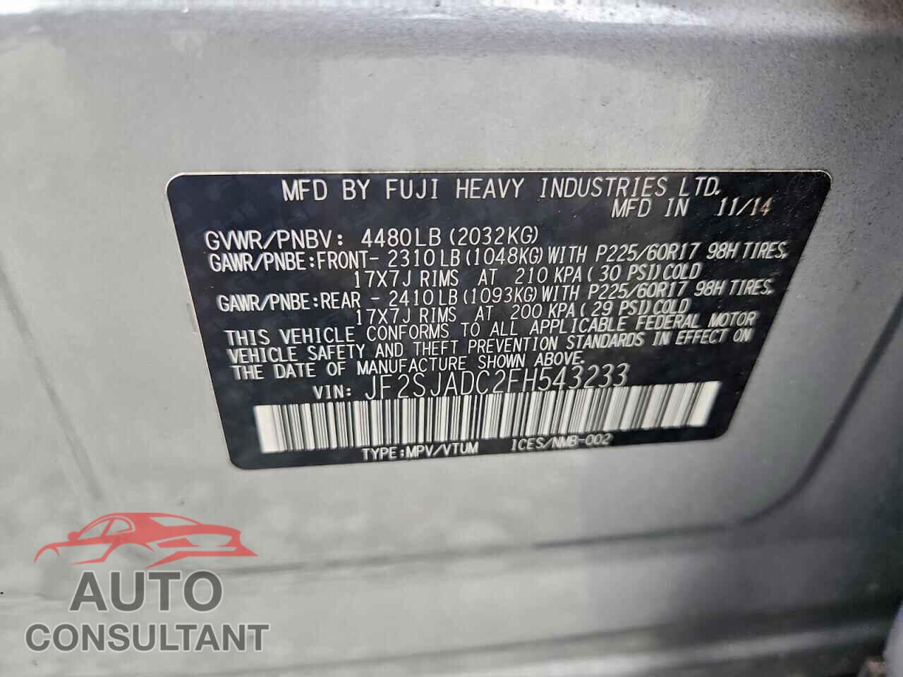 SUBARU FORESTER 2015 - JF2SJADC2FH543233