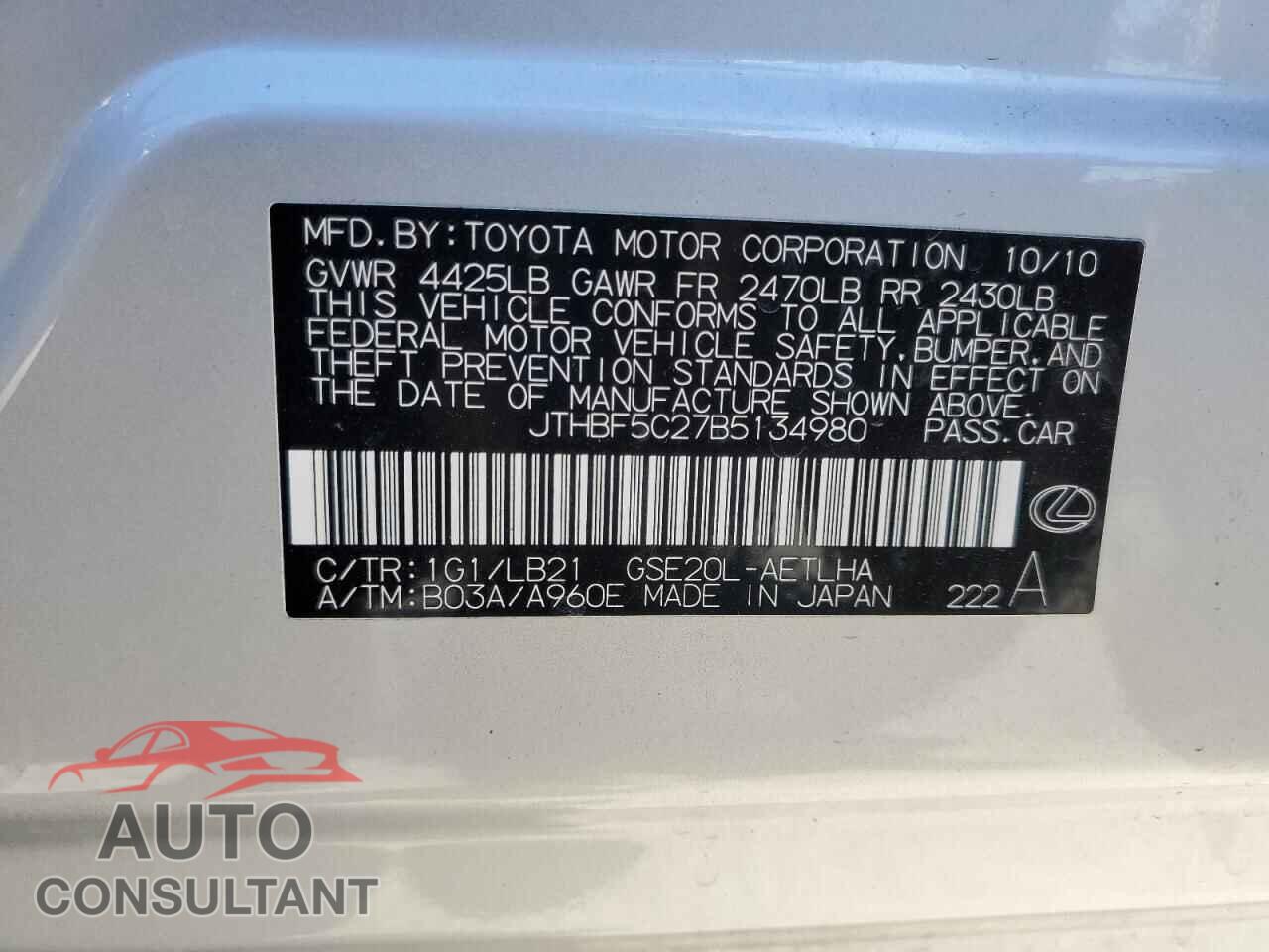LEXUS IS 2011 - JTHBF5C27B5134980