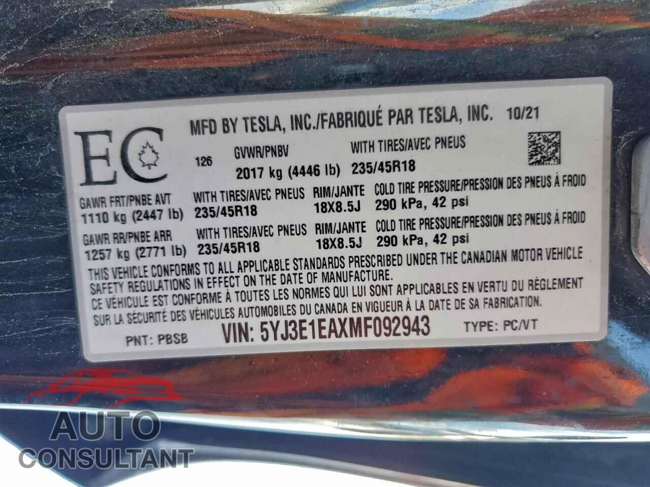 TESLA MODEL 3 2021 - 5YJ3E1EAXMF092943