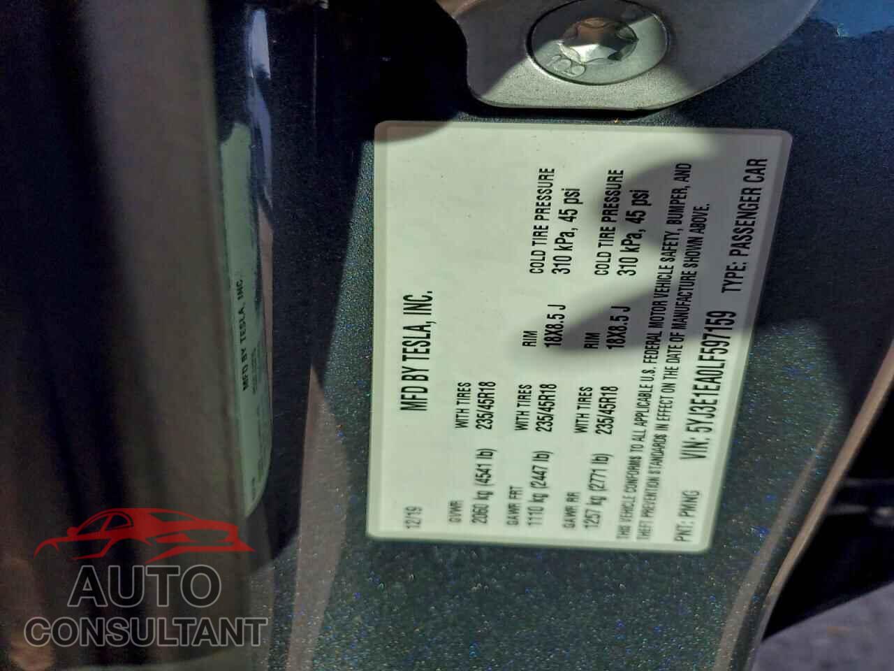 TESLA MODEL 3 2020 - 5YJ3E1EA0LF597159