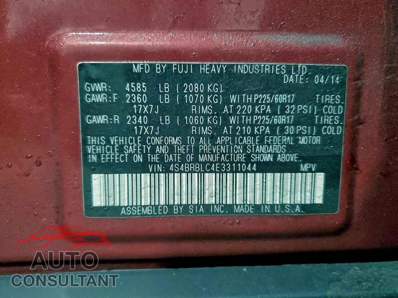 SUBARU OUTBACK 2014 - 4S4BRBLC4E3311044