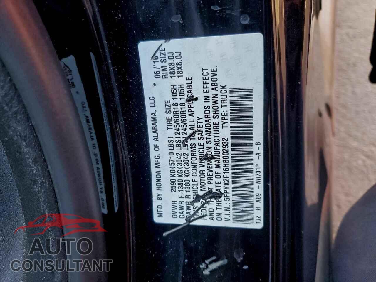HONDA RIDGELINE 2017 - 5FPYK2F16HB002932