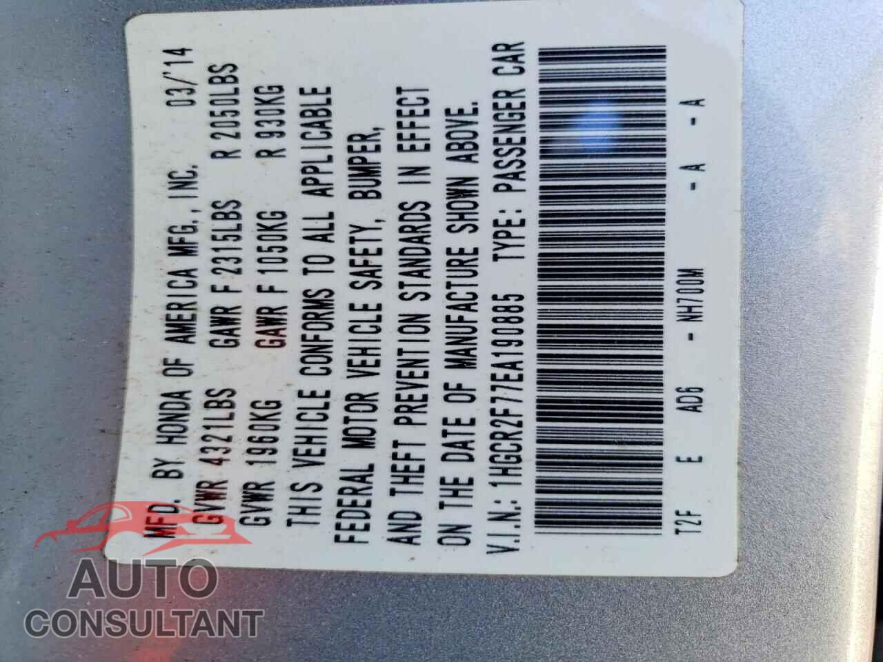 HONDA ACCORD 2014 - 1HGCR2F77EA190885