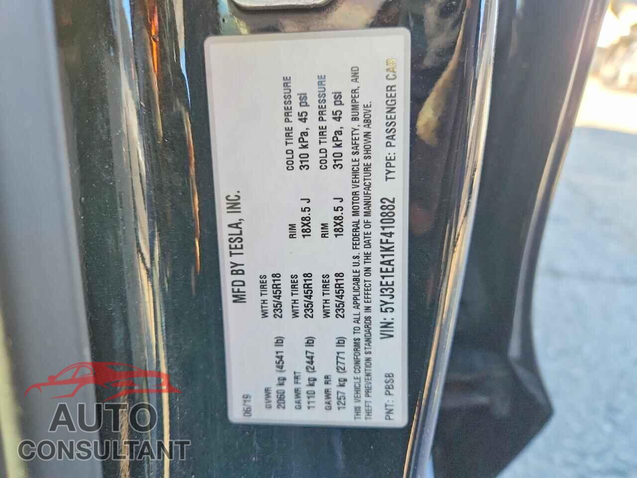 TESLA MODEL 3 2019 - 5YJ3E1EA1KF410882