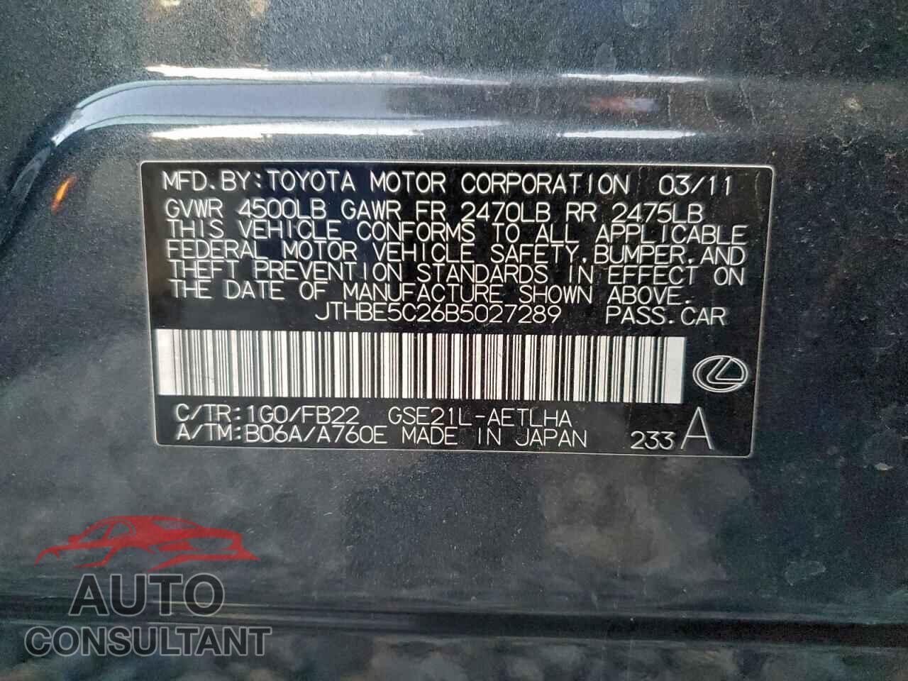 LEXUS IS 2011 - JTHBE5C26B5027289