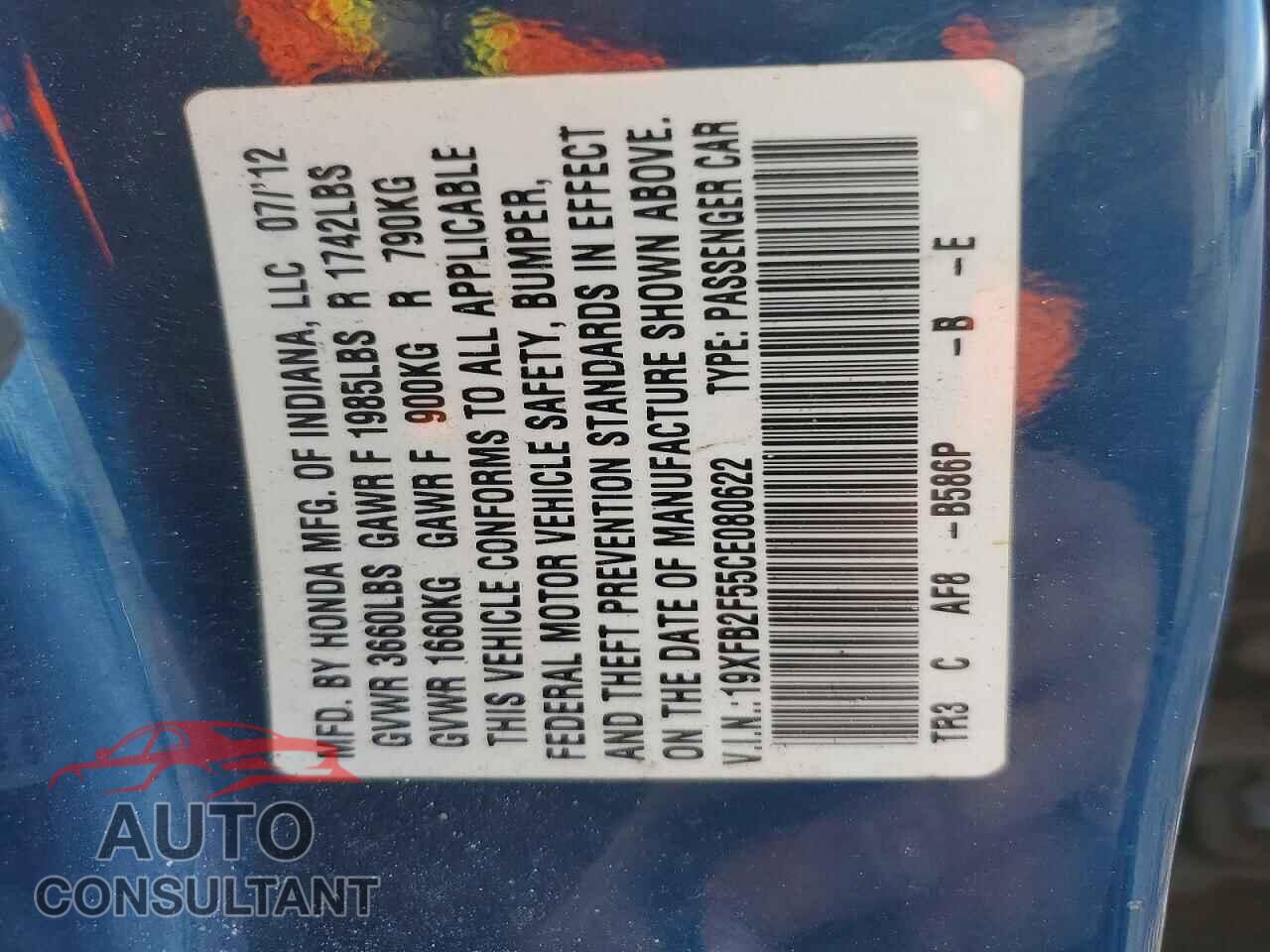 HONDA CIVIC 2012 - 19XFB2F55CE080622