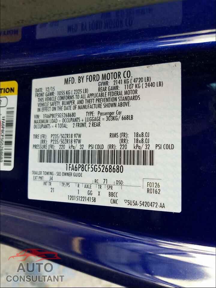 FORD MUSTANG 2016 - 1FA6P8CF5G5268680