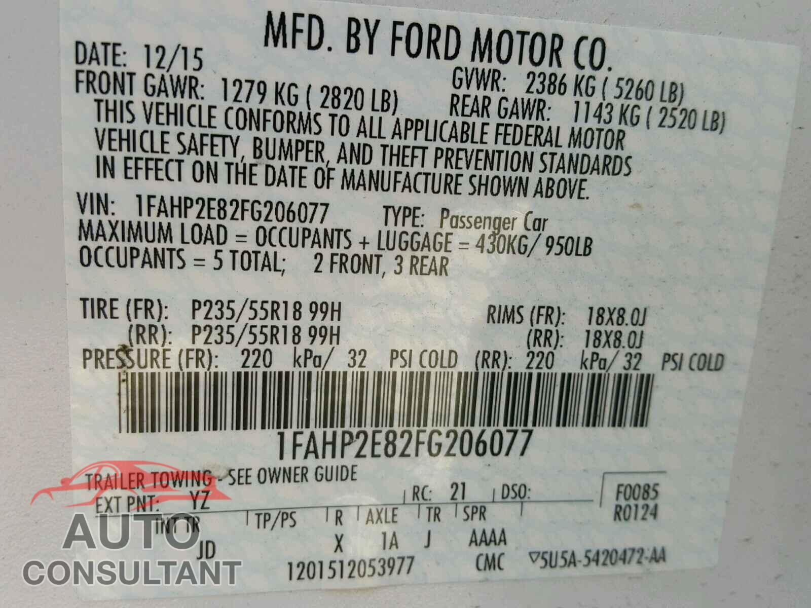 FORD TAURUS 2015 - 1FAHP2E82FG206077