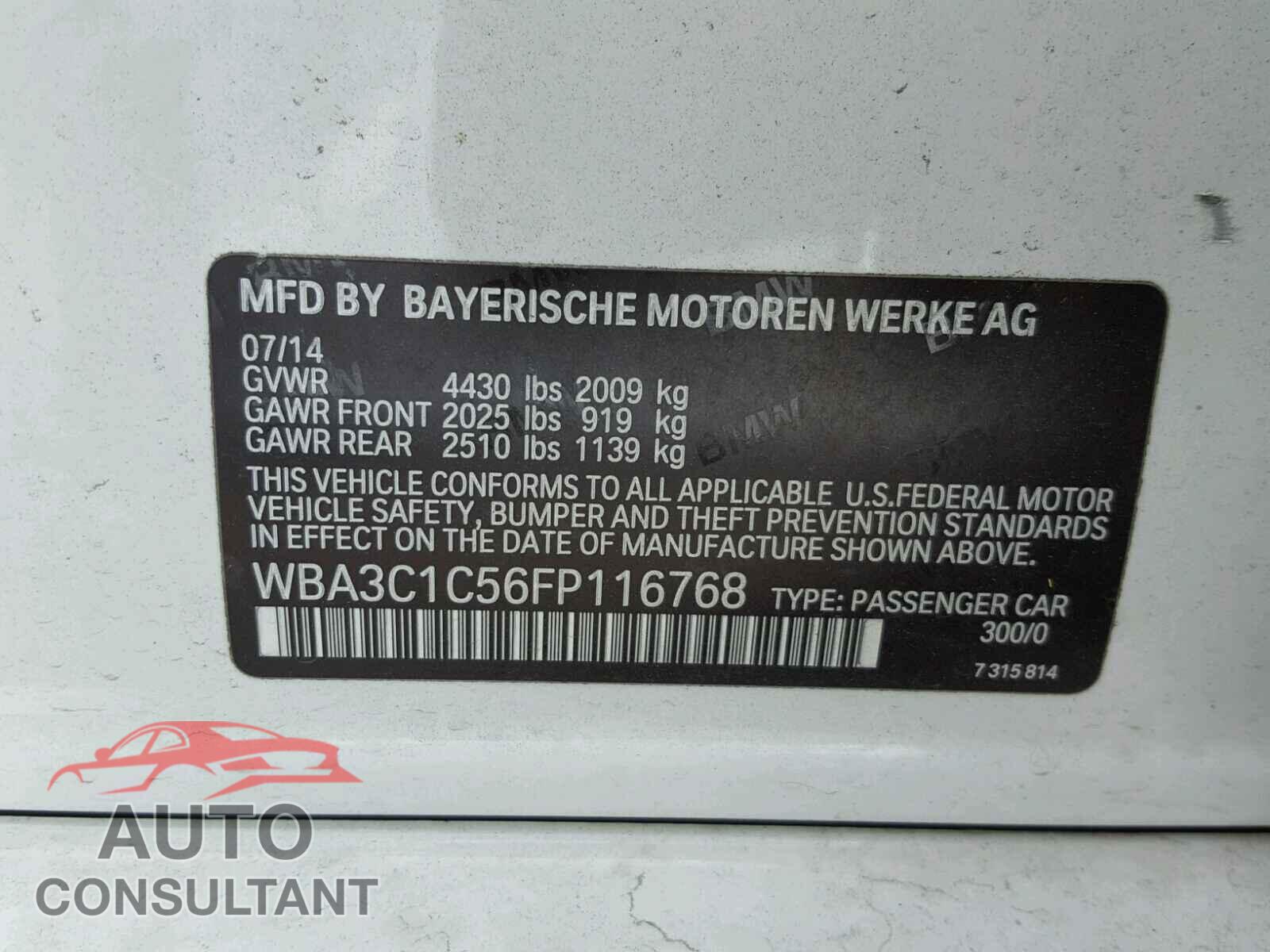 BMW 3 SERIES 2015 - WBA3C1C56FP116768