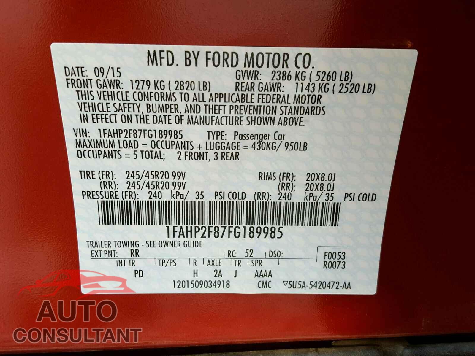 FORD TAURUS 2015 - 1FAHP2F87FG189985