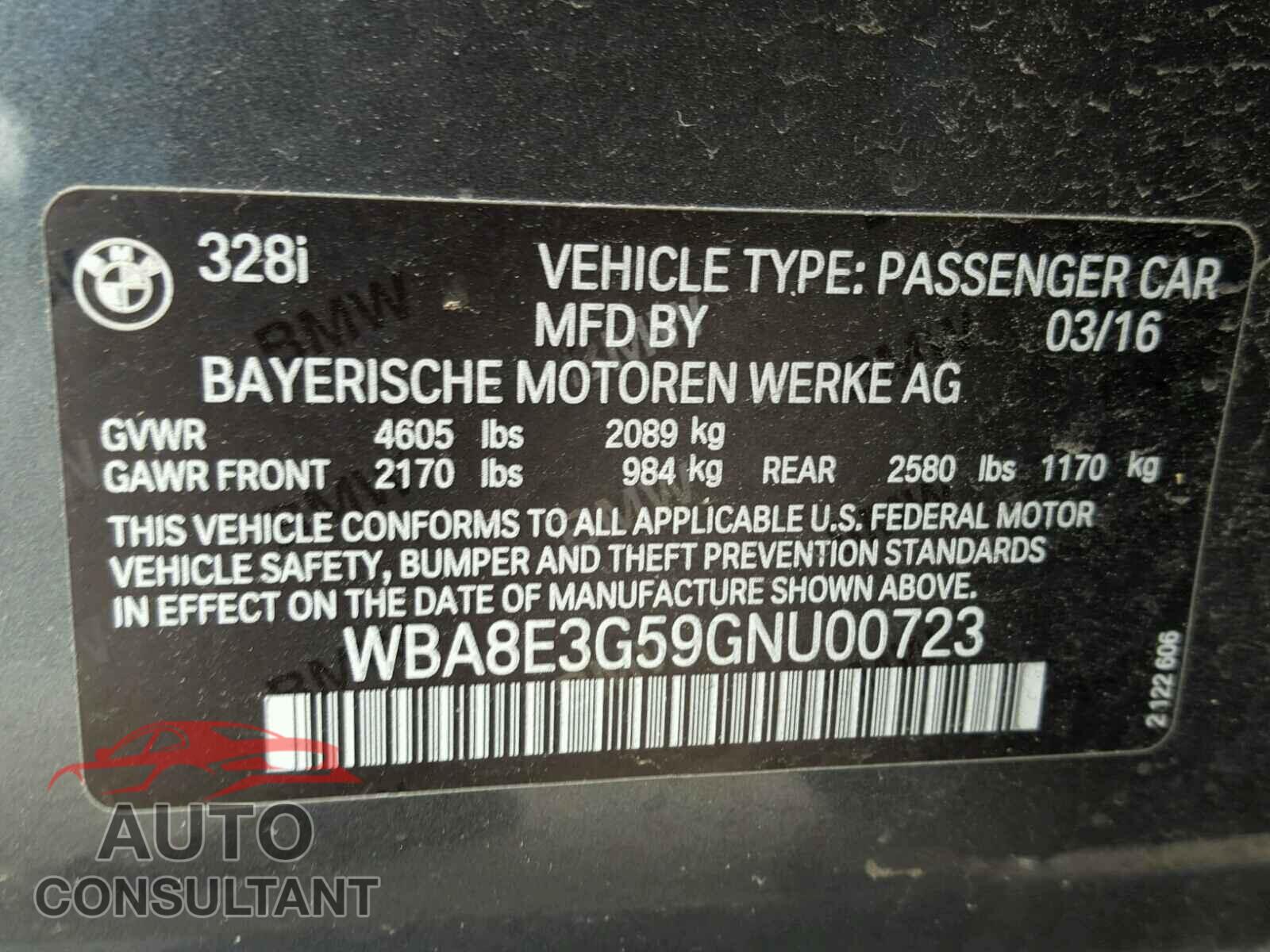 BMW 3 SERIES 2016 - WBA8E3G59GNU00723