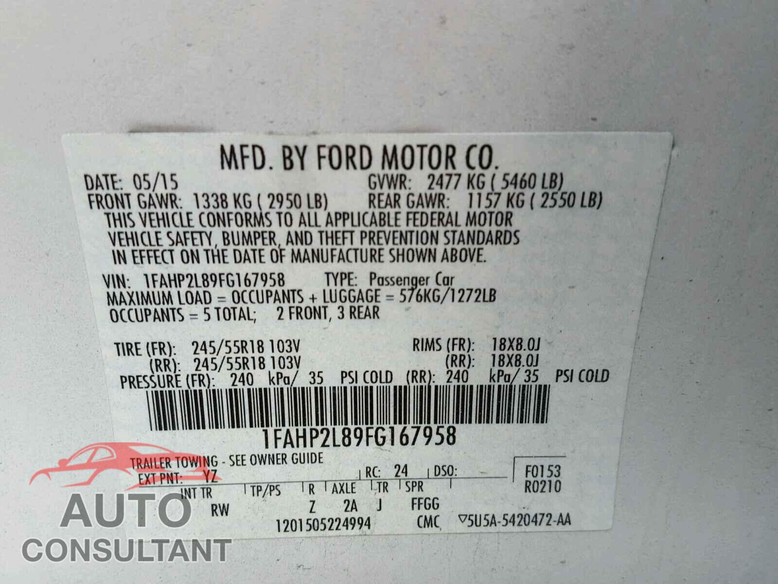 FORD TAURUS 2015 - 1FAHP2L89FG167958