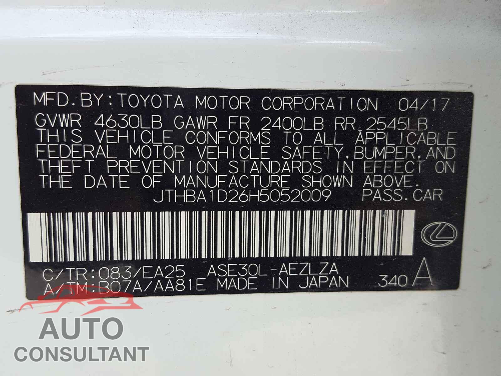 LEXUS IS 2017 - JTHBA1D26H5052009
