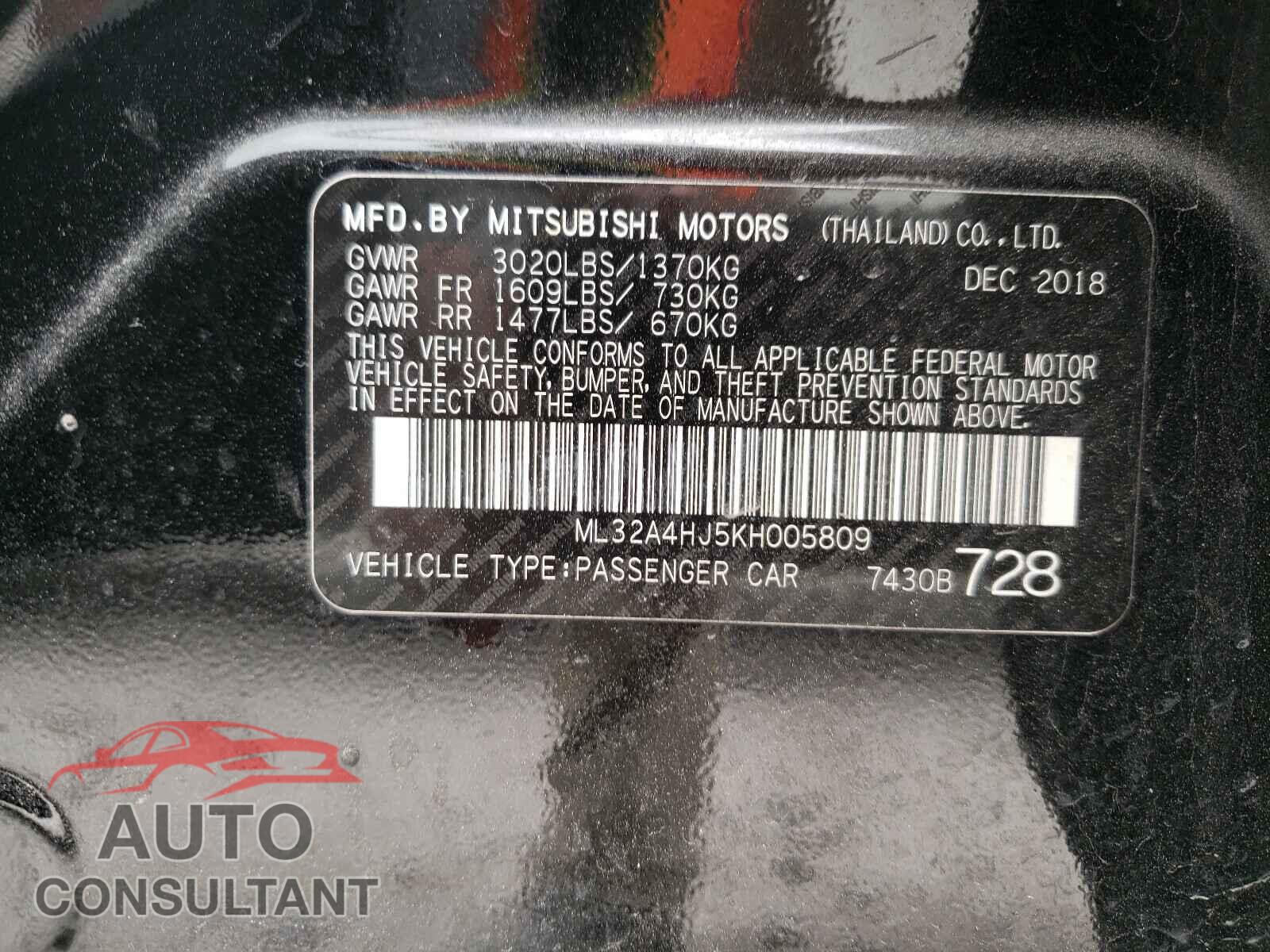 MITSUBISHI MIRAGE 2019 - ML32A4HJ5KH005809