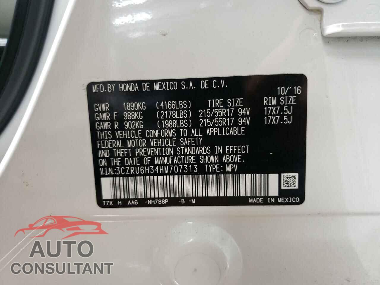 HONDA HR-V 2017 - 3CZRU6H34HM707313