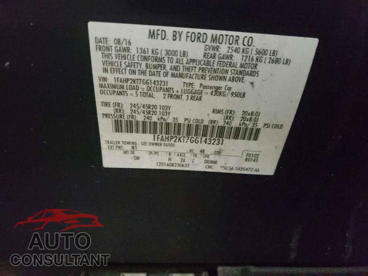FORD TAURUS 2016 - 1FAHP2KT7GG143231