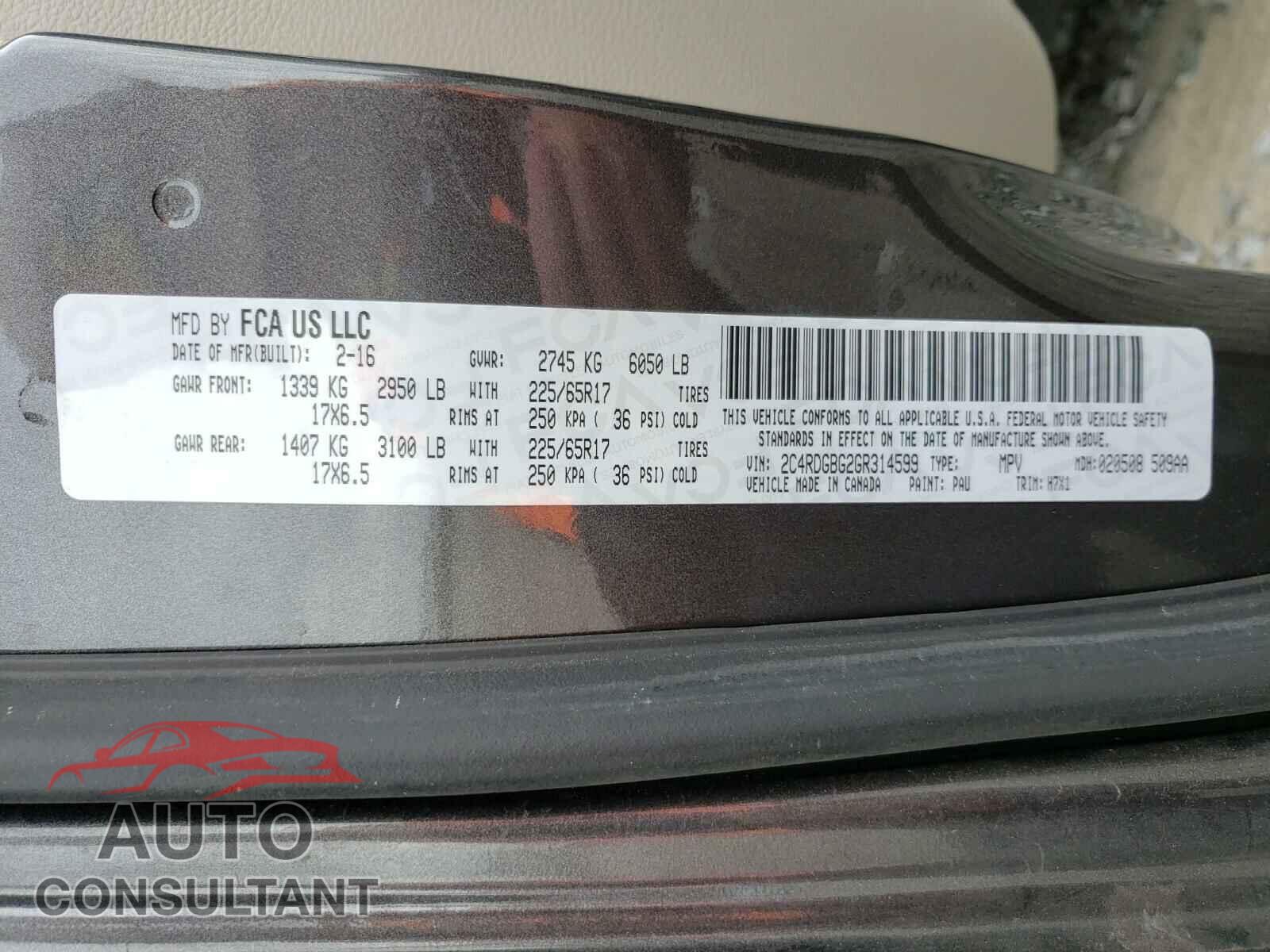 DODGE GRAND CARA 2016 - 2C4RDGBG2GR314599