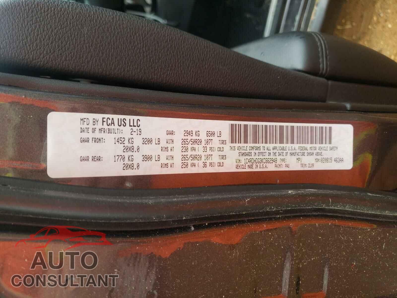 DODGE DURANGO 2019 - 1C4RDHDG3KC662948
