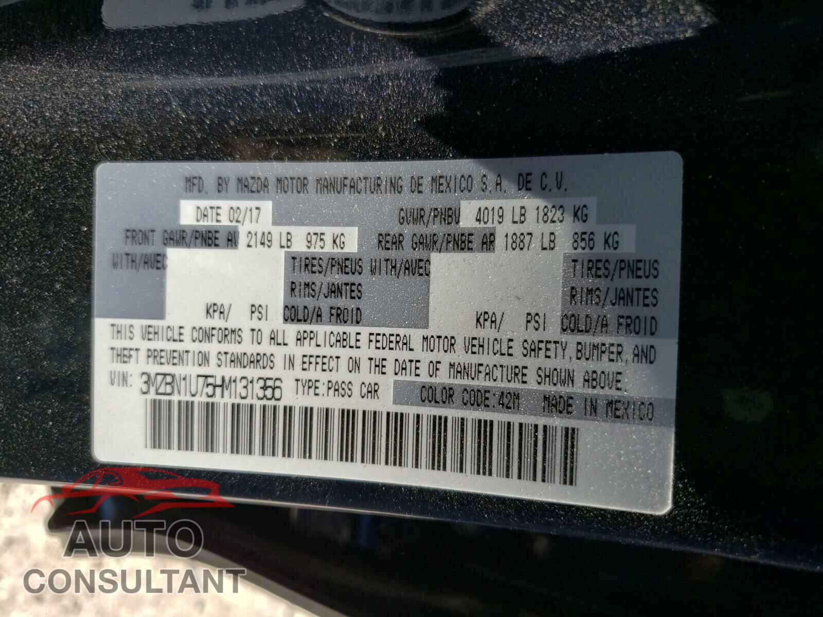 MAZDA 3 2017 - 3MZBN1U75HM131356