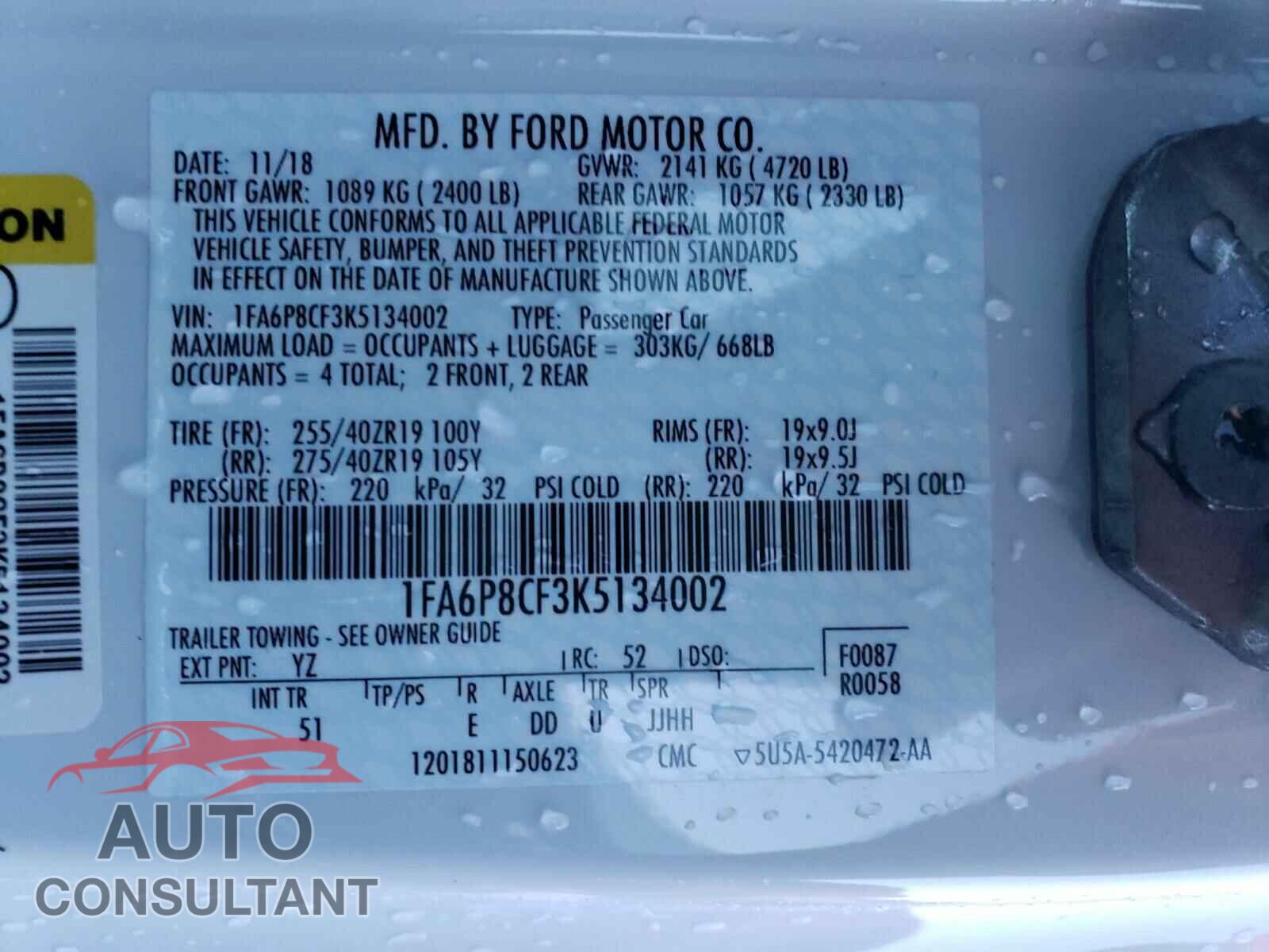 FORD MUSTANG 2019 - 1FA6P8CF3K5134002