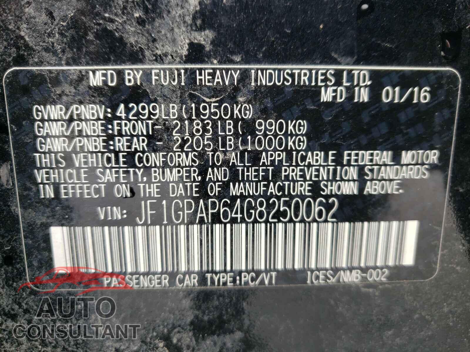 SUBARU IMPREZA 2016 - JF1GPAP64G8250062