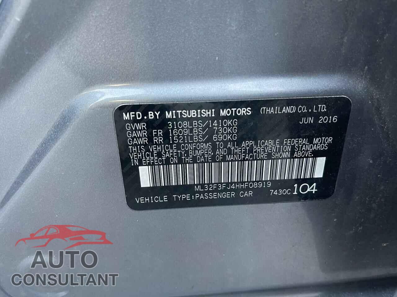MITSUBISHI MIRAGE 2017 - ML32F3FJ4HHF08919