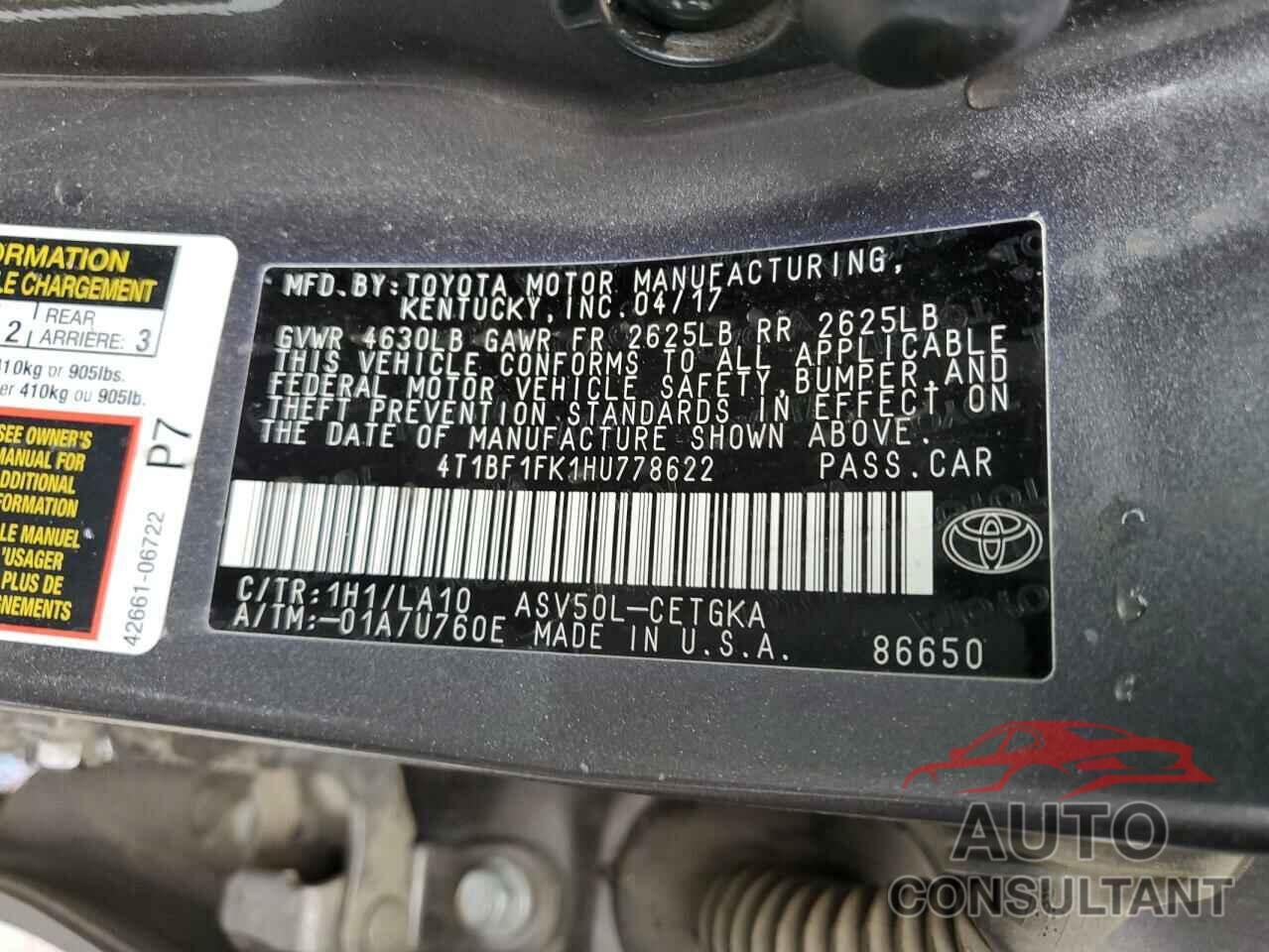 TOYOTA CAMRY 2017 - 4T1BF1FK1HU778622