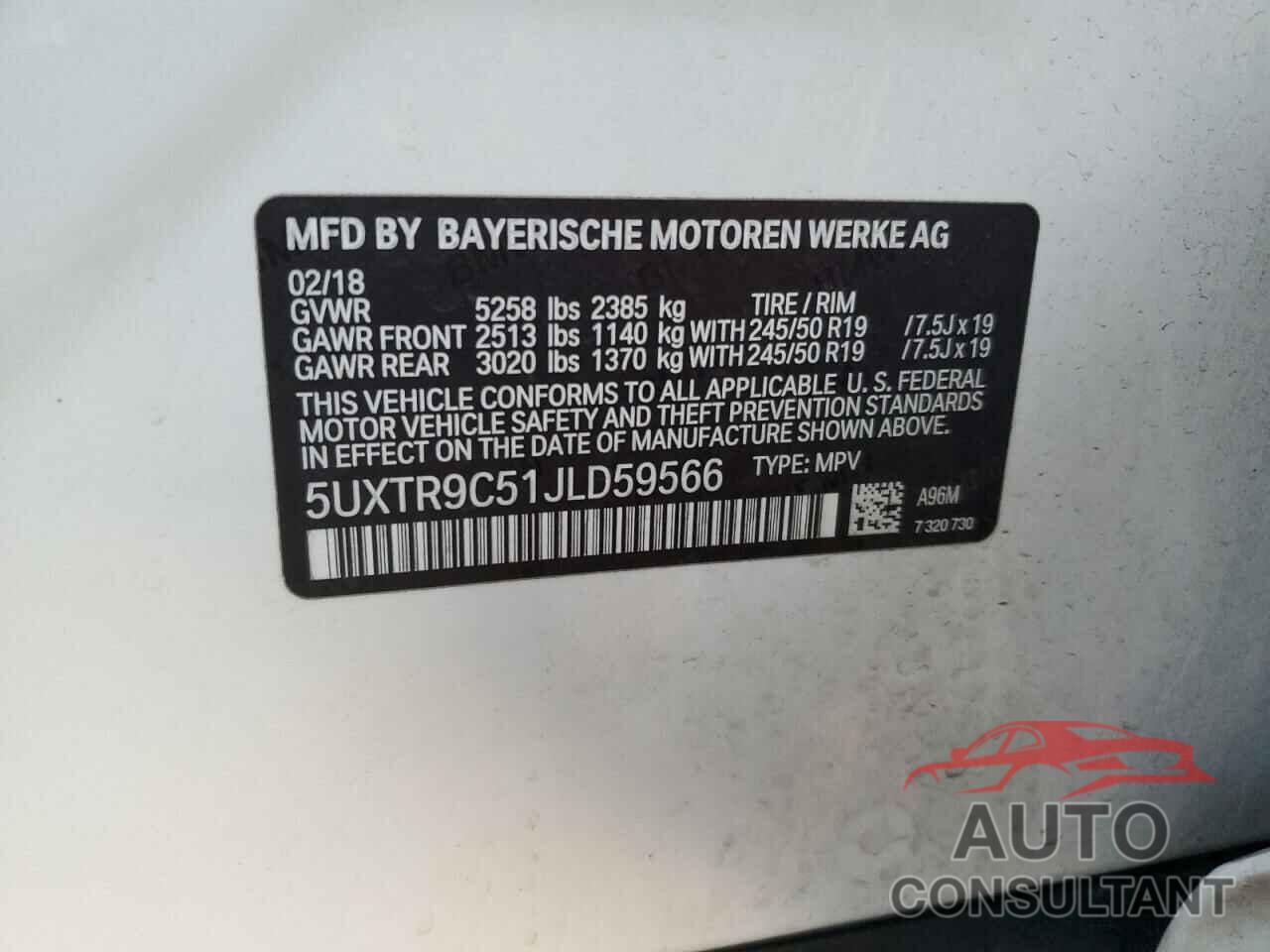 BMW X3 2018 - 5UXTR9C51JLD59566