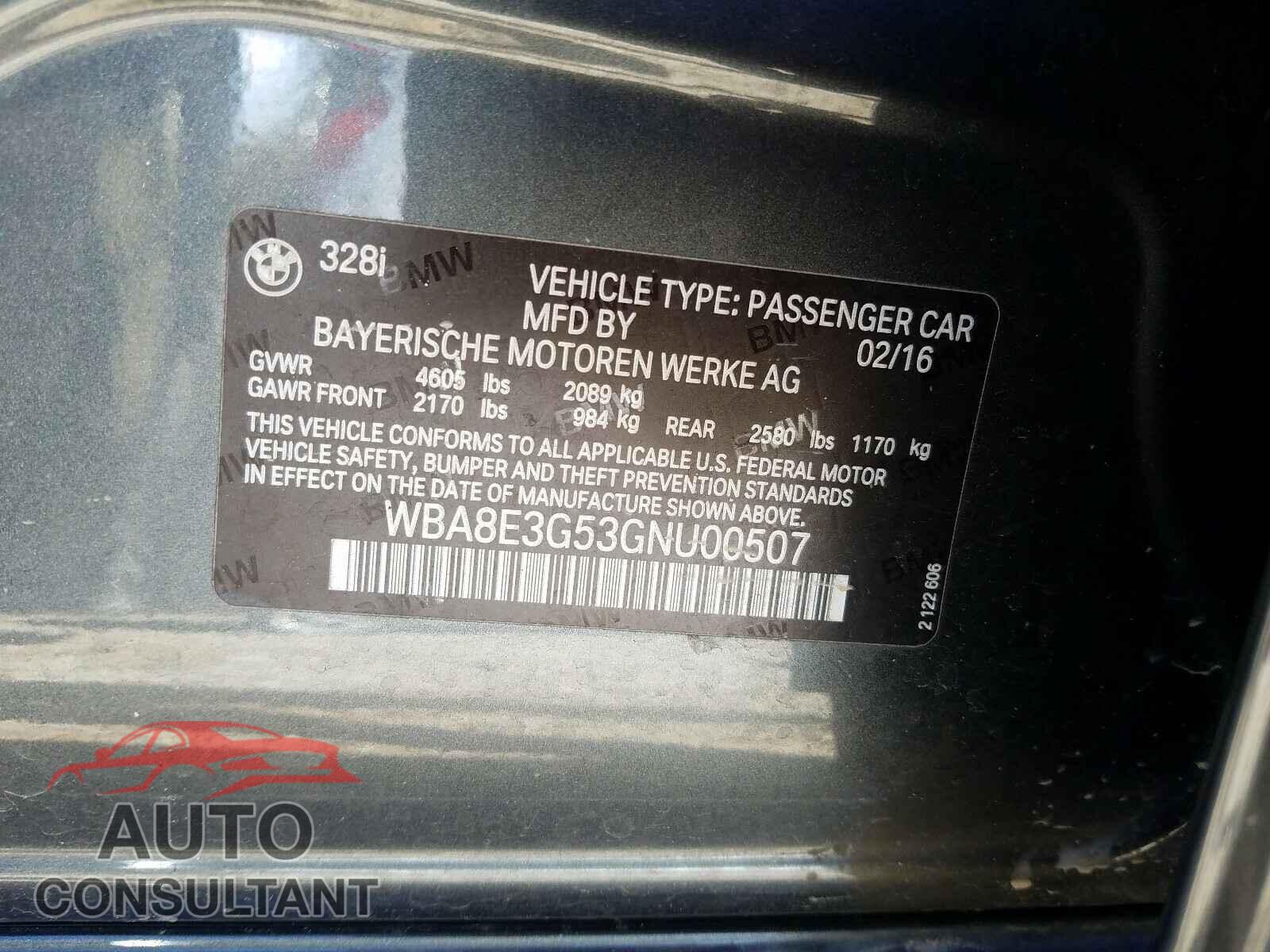 BMW 3 SERIES 2016 - WBA8E3G53GNU00507