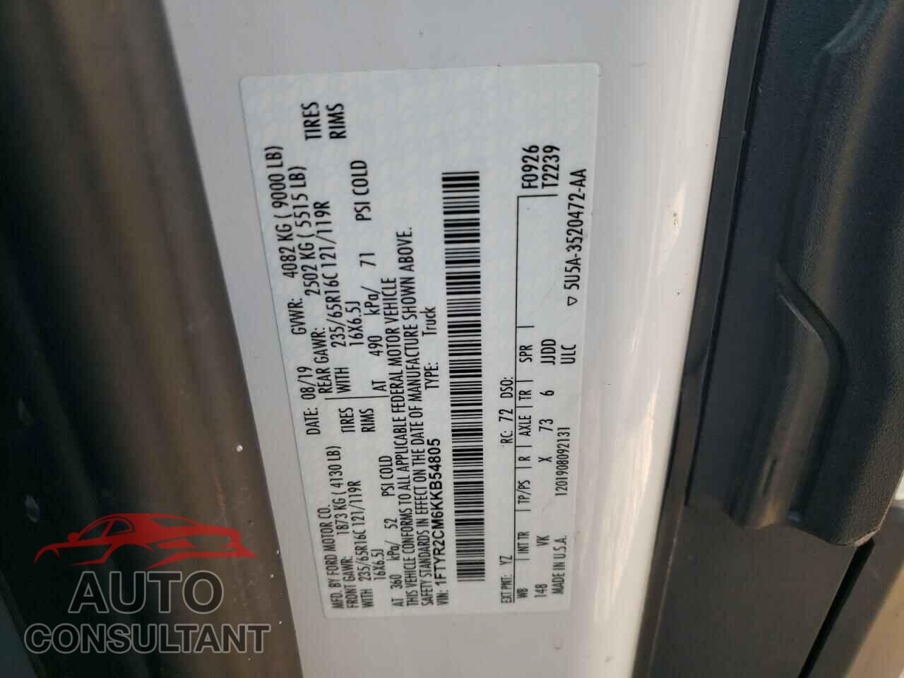 FORD TRANSIT CO 2019 - 1FTYR2CM6KKB54805
