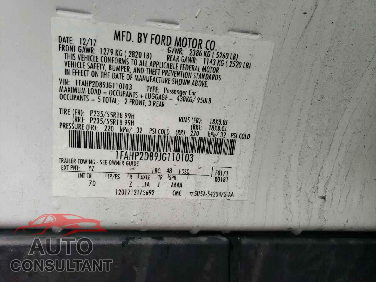 FORD TAURUS 2018 - 1FAHP2D89JG110103