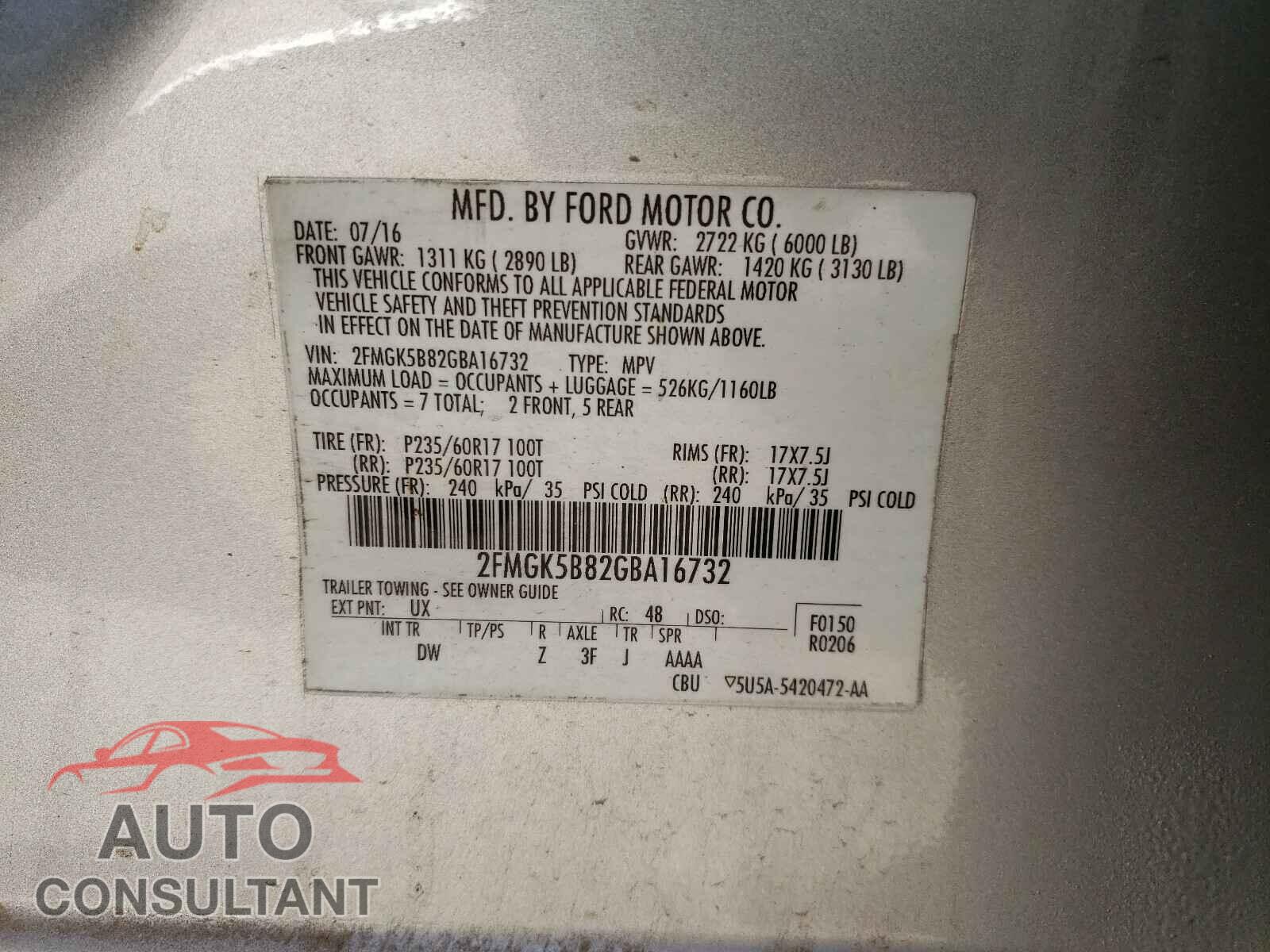 FORD FLEX 2016 - 2FMGK5B82GBA16732