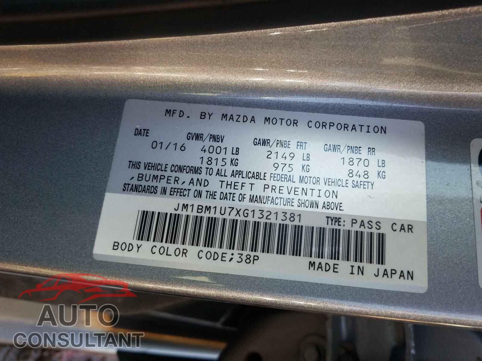 MAZDA 3 2016 - JM1BM1U7XG1321381