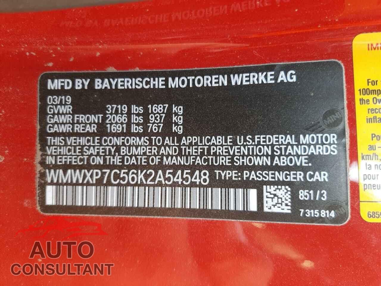 MINI COOPER 2019 - WMWXP7C56K2A54548