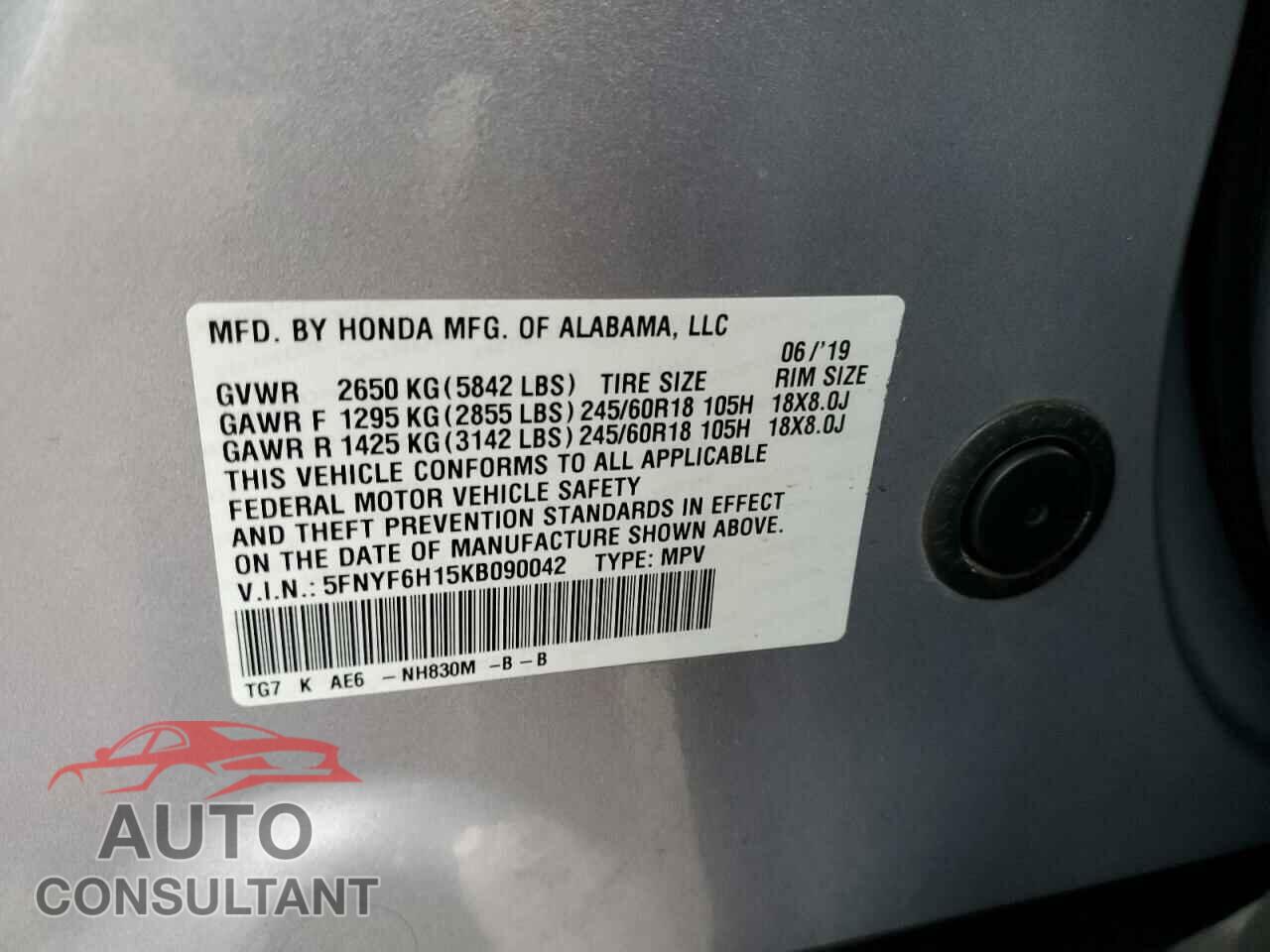 HONDA PILOT 2019 - 5FNYF6H15KB090042