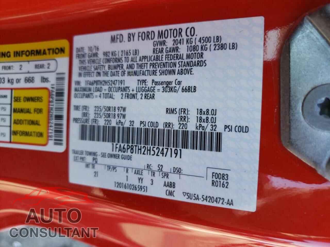 FORD MUSTANG 2017 - 1FA6P8TH2H5247191