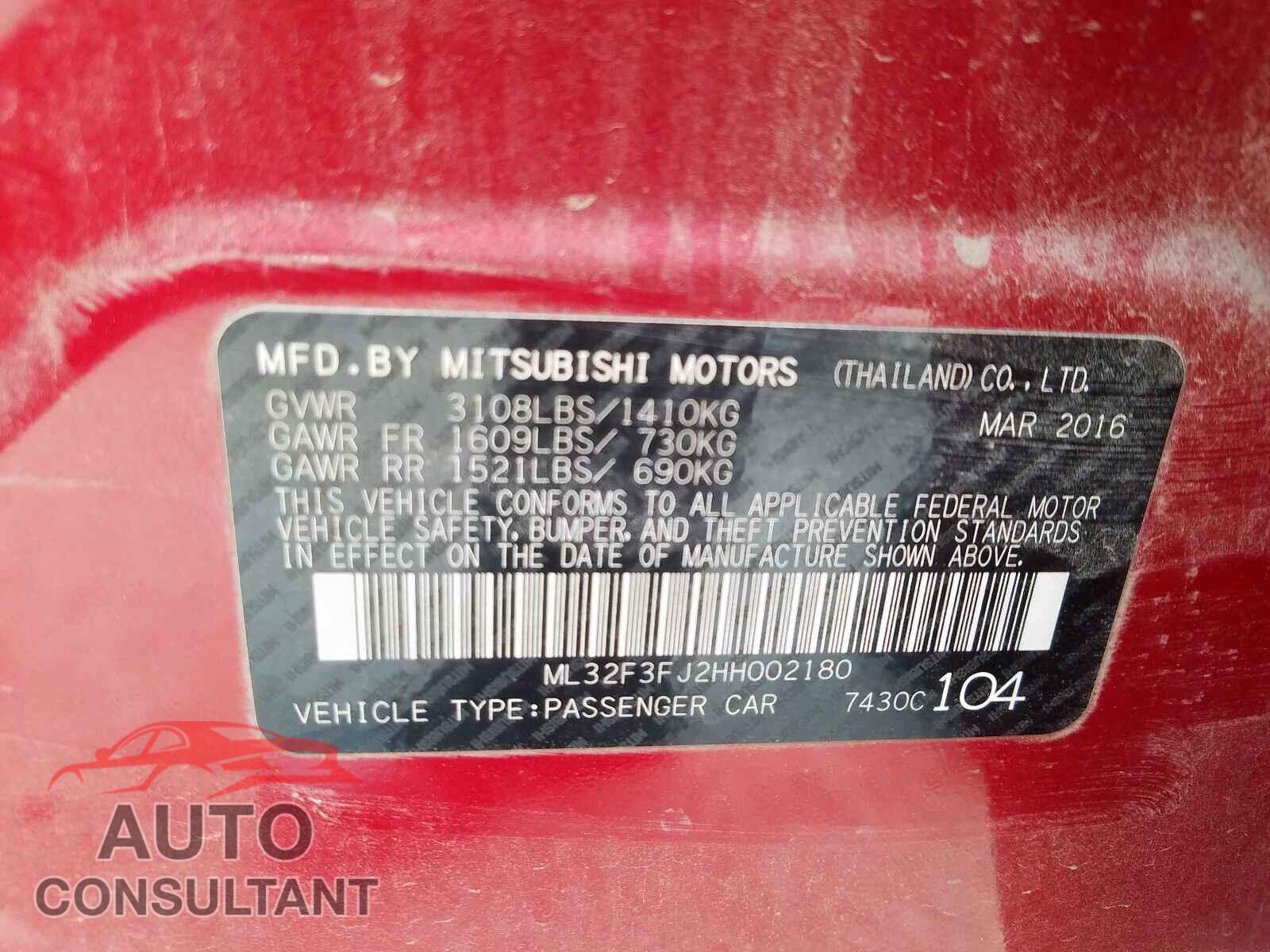 MITSUBISHI MIRAGE 2017 - ML32F3FJ2HH002180