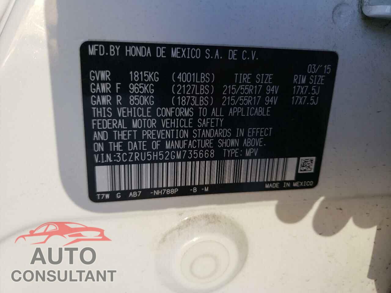 HONDA HR-V 2016 - 3CZRU5H52GM735668