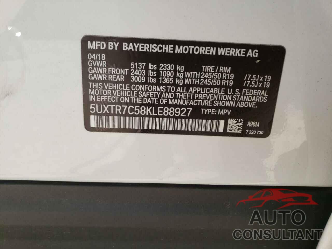 BMW X3 2019 - 5UXTR7C58KLE88927