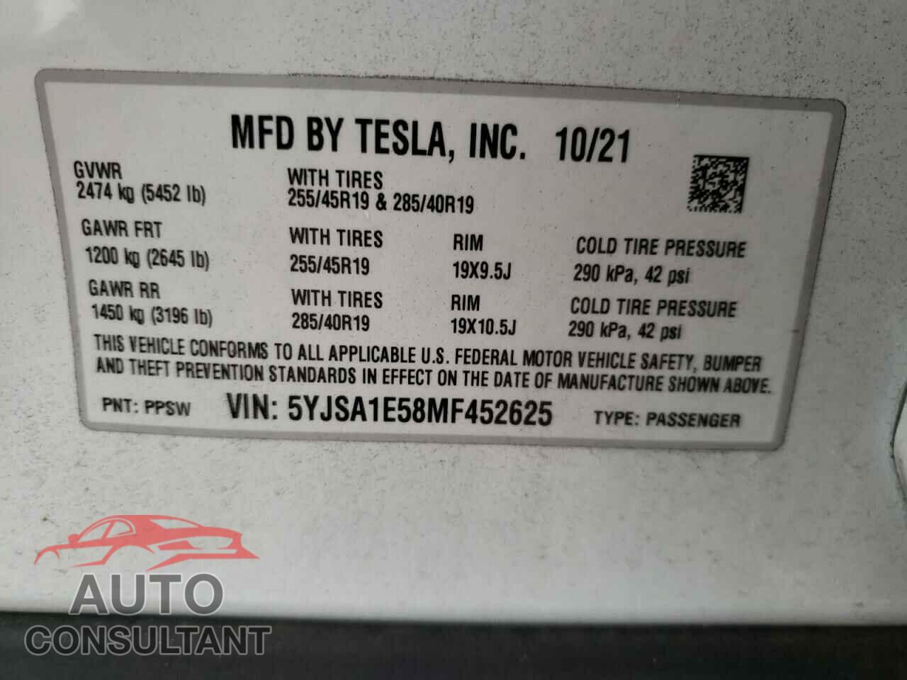 TESLA MODEL S 2021 - 5YJSA1E58MF452625