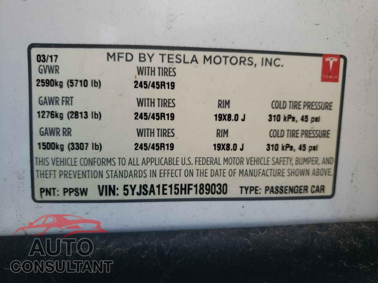 TESLA MODEL S 2017 - 5YJSA1E15HF189030
