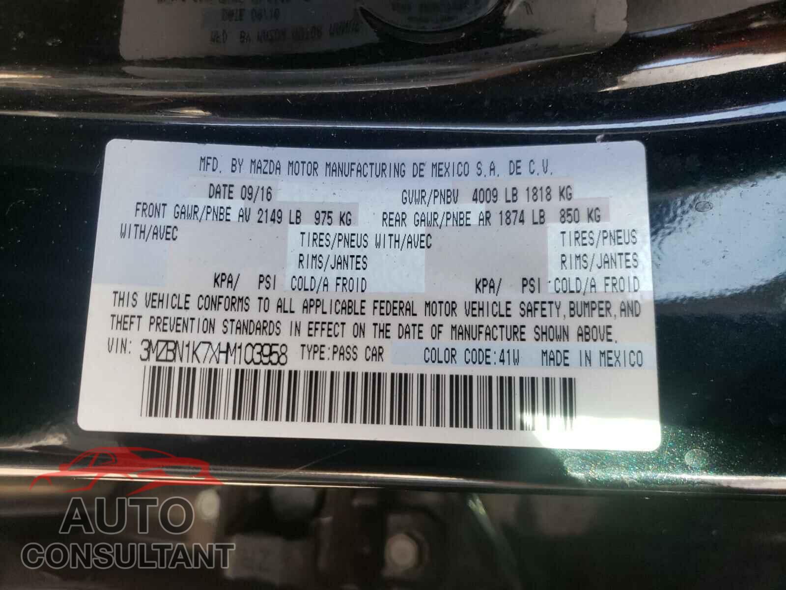 MAZDA 3 2017 - 3MZBN1K7XHM103958