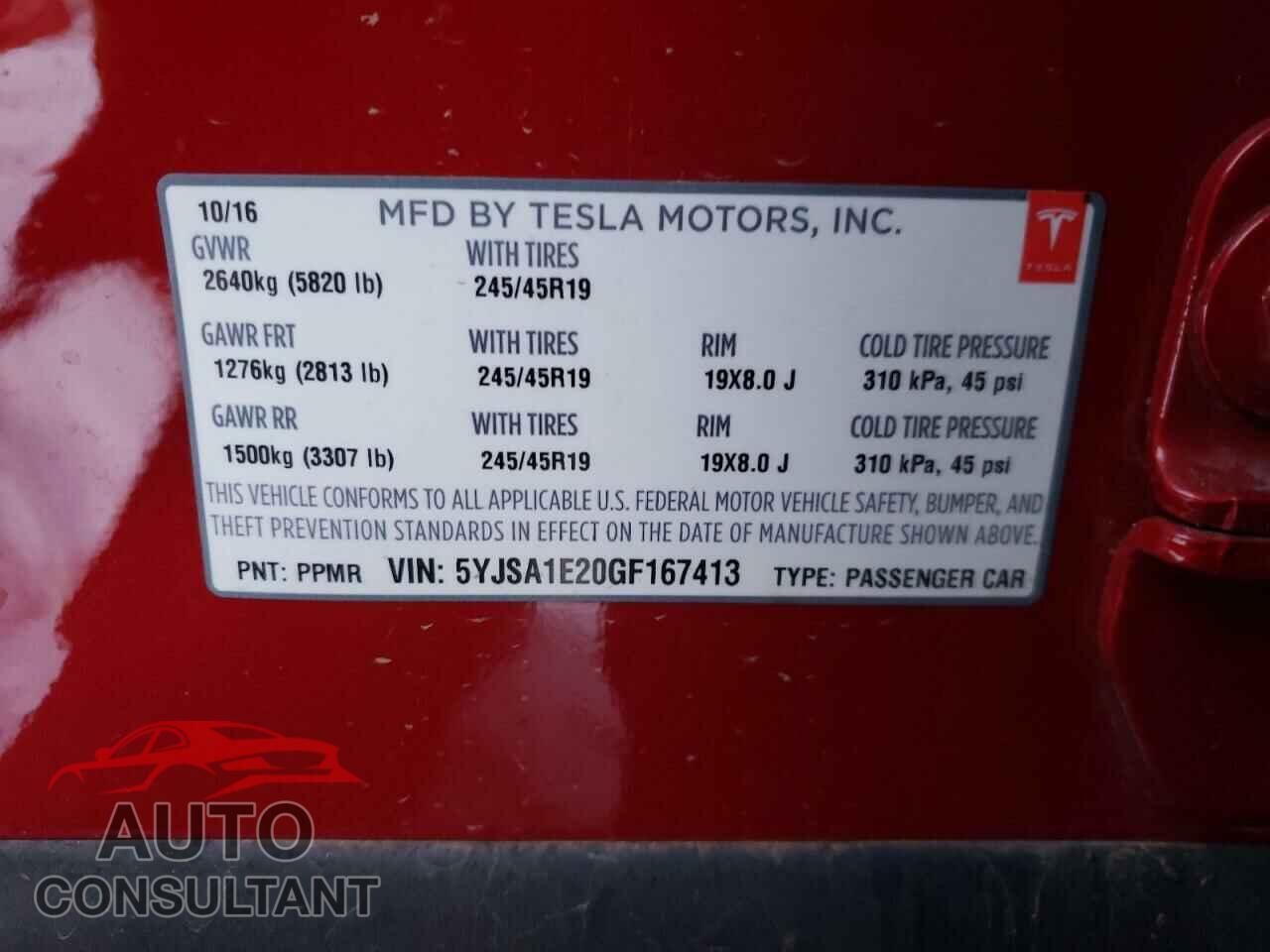 TESLA MODEL S 2016 - 5YJSA1E20GF167413
