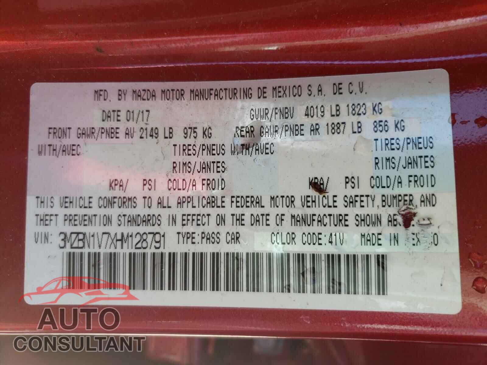 MAZDA 3 2017 - 3MZBN1V7XHM128791