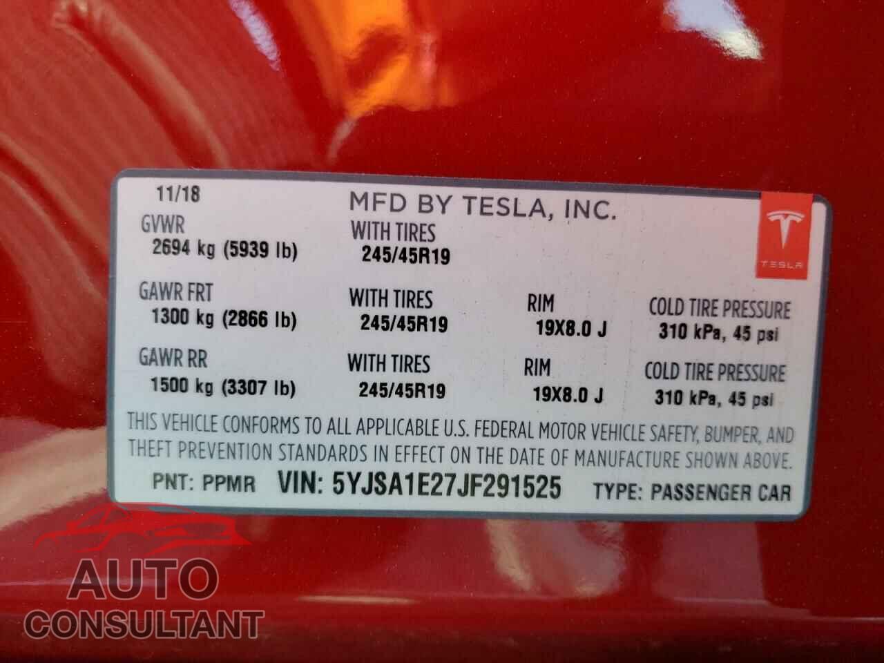 TESLA MODEL S 2018 - 5YJSA1E27JF291525